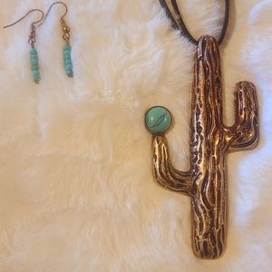 Long Cactus Necklace w Turquoise & Earrings Set